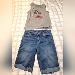 Like New Cute Girls Outfit~XL (14-16)~Bermuda Shorts & Unicorn Top~America~Flag